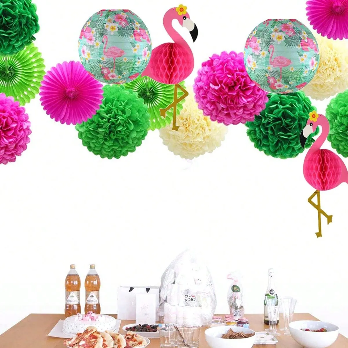 Tropical Flamingo Paper Flower Balls & Lanterns Party Decorations With Tissue Fans & Flowers For Birthday, Bridal Shower, Bachelorette, Hawaiian, Beach & Pool Summer Parties Set