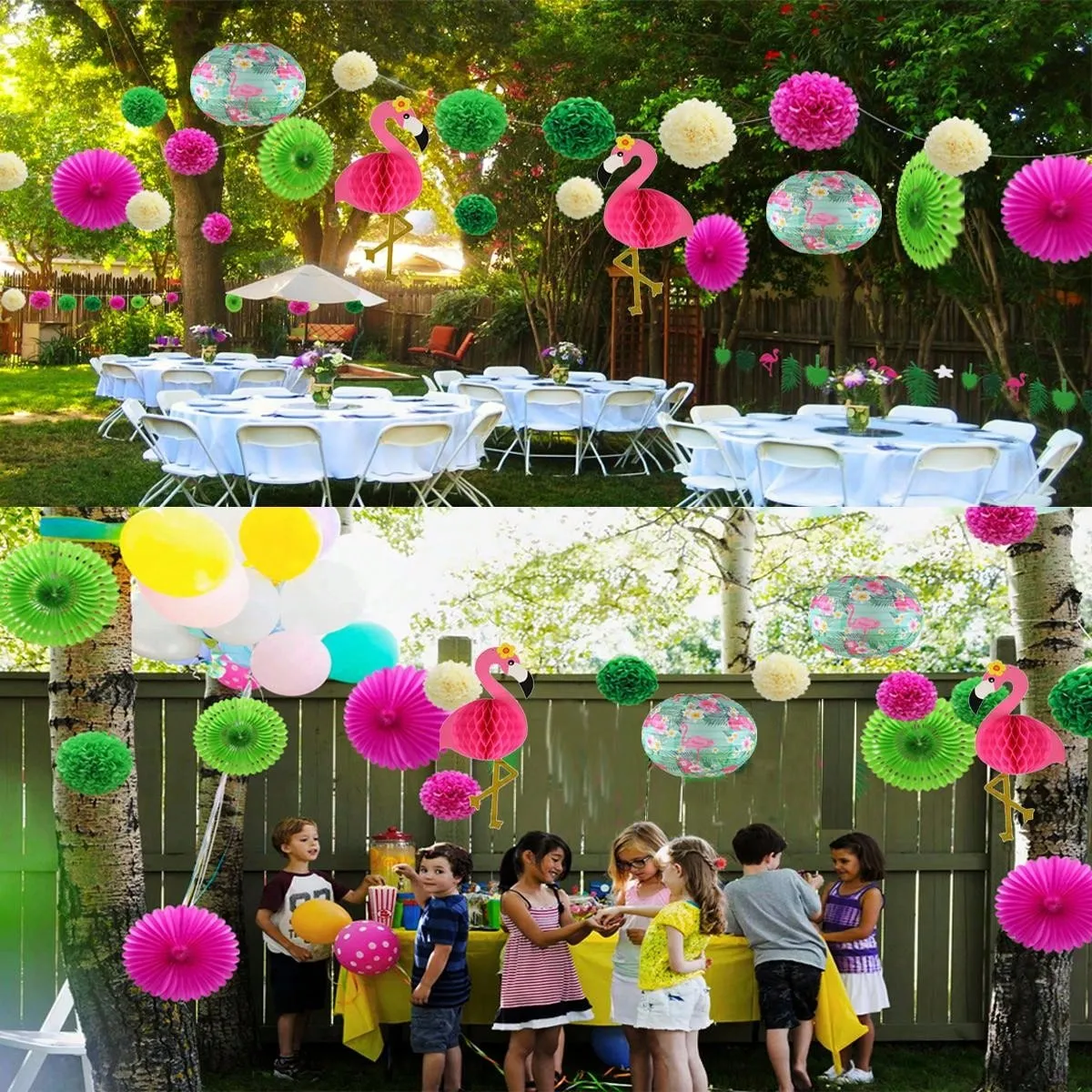 Tropical Flamingo Paper Flower Balls & Lanterns Party Decorations With Tissue Fans & Flowers For Birthday, Bridal Shower, Bachelorette, Hawaiian, Beach & Pool Summer Parties Set