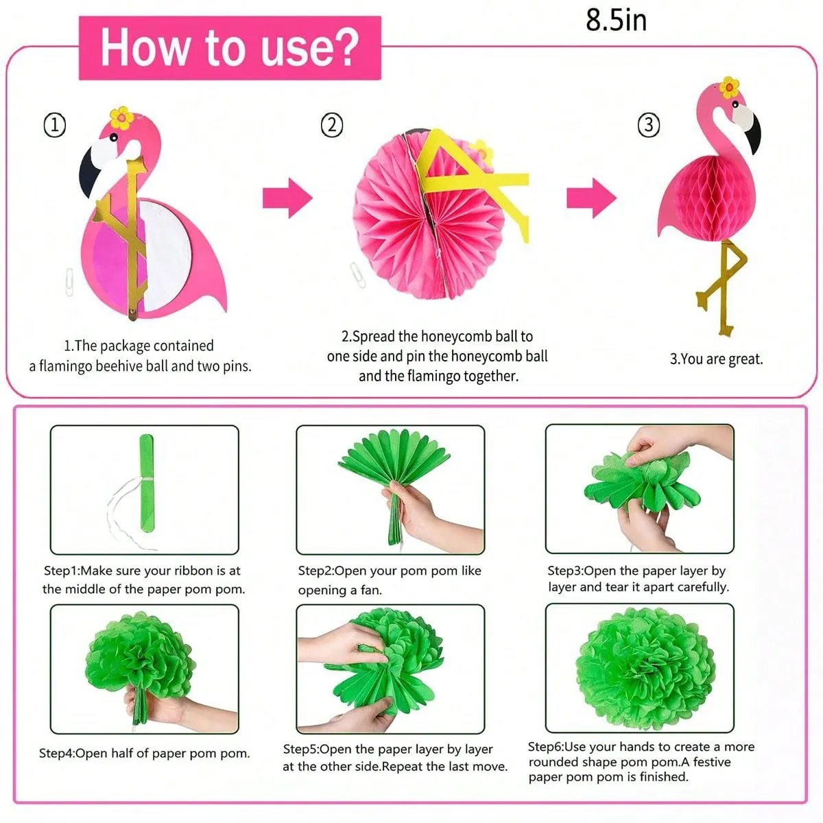 Tropical Flamingo Paper Flower Balls & Lanterns Party Decorations With Tissue Fans & Flowers For Birthday, Bridal Shower, Bachelorette, Hawaiian, Beach & Pool Summer Parties Set