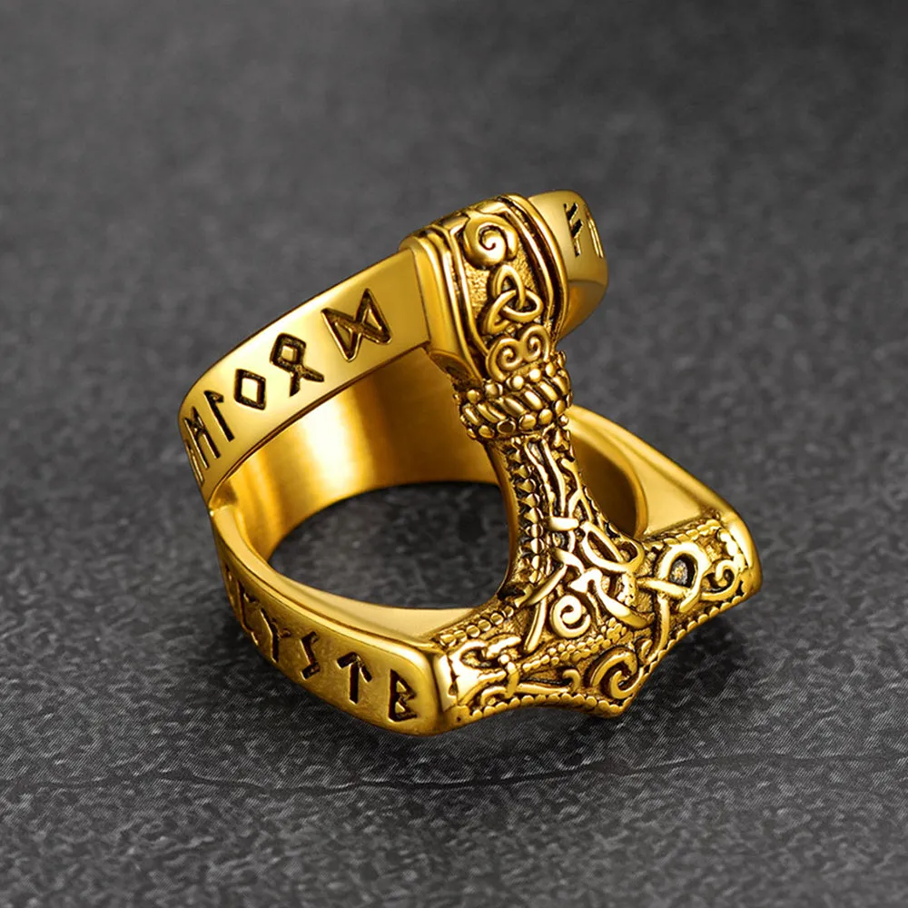 Viking Mjolnir Thor's Hammer Ring with Rune for Men