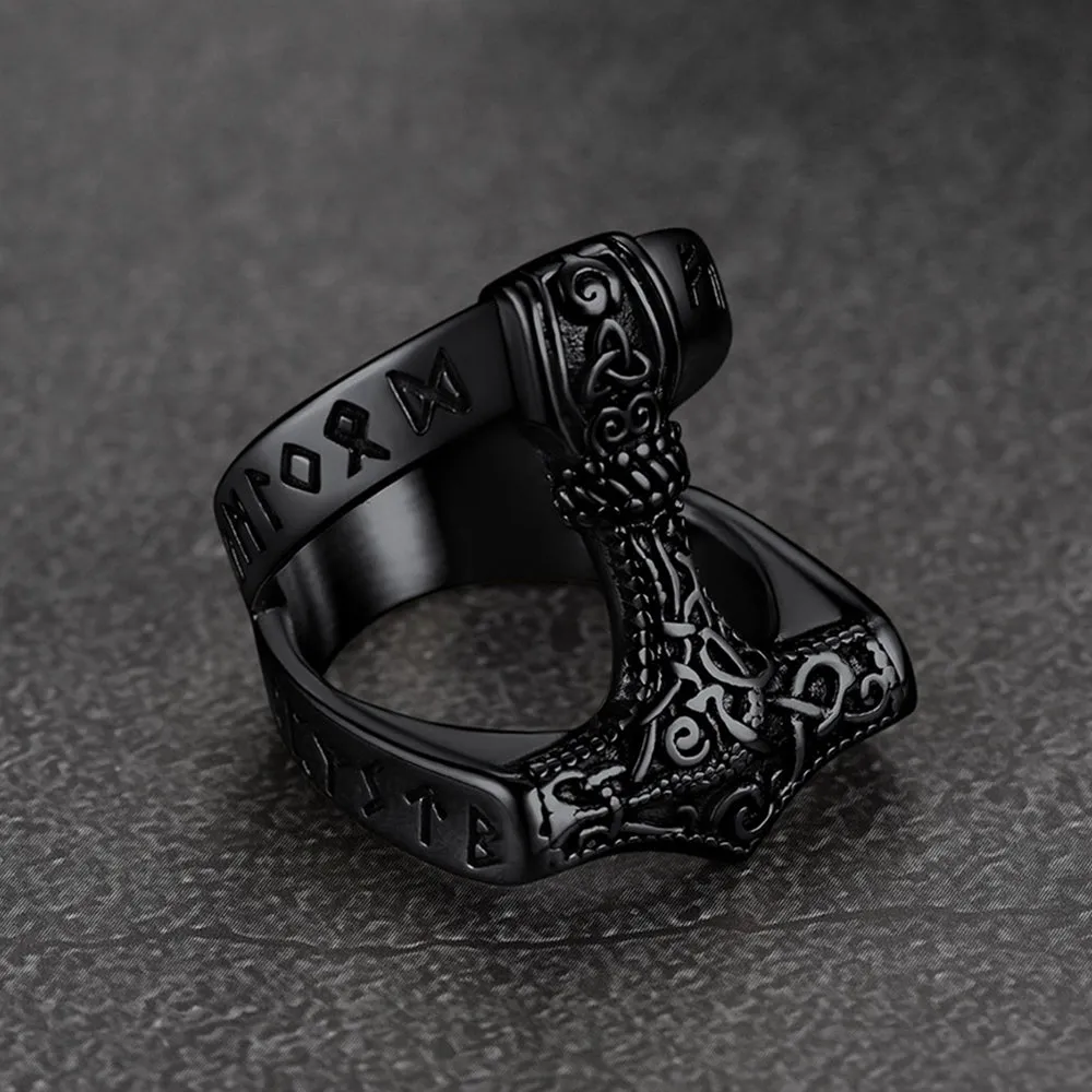 Viking Mjolnir Thor's Hammer Ring with Rune for Men