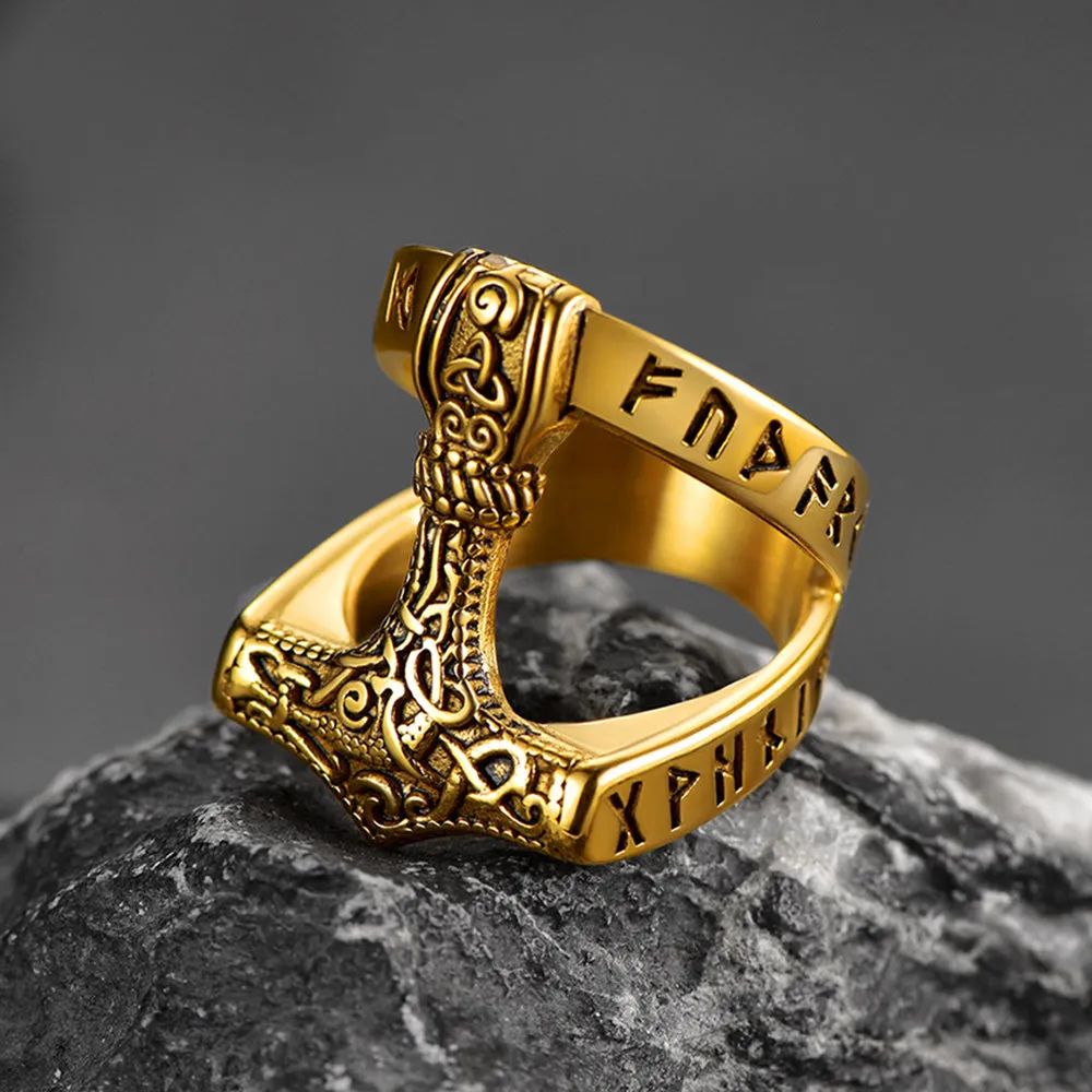 Viking Mjolnir Thor's Hammer Ring with Rune for Men