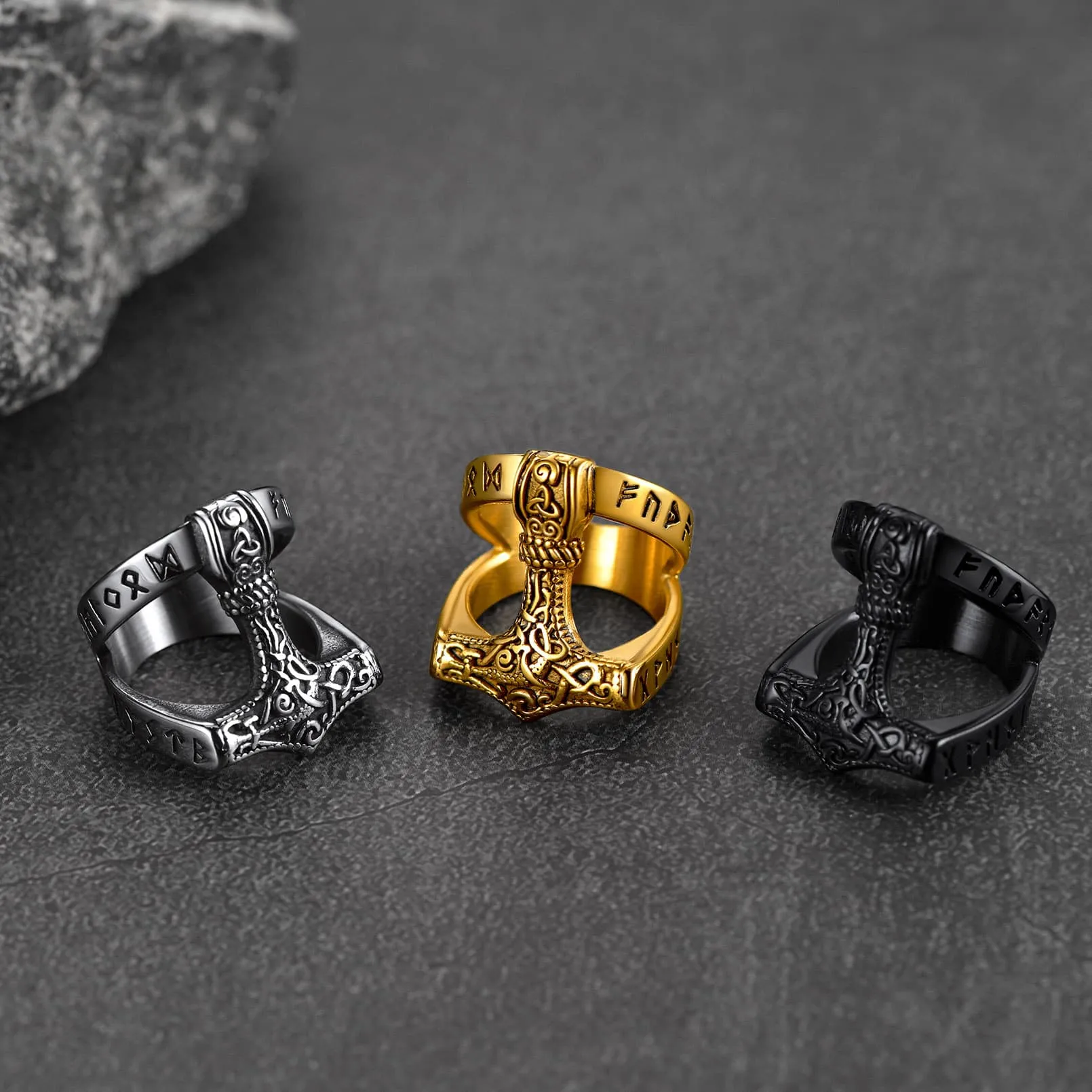 Viking Mjolnir Thor's Hammer Ring with Rune for Men