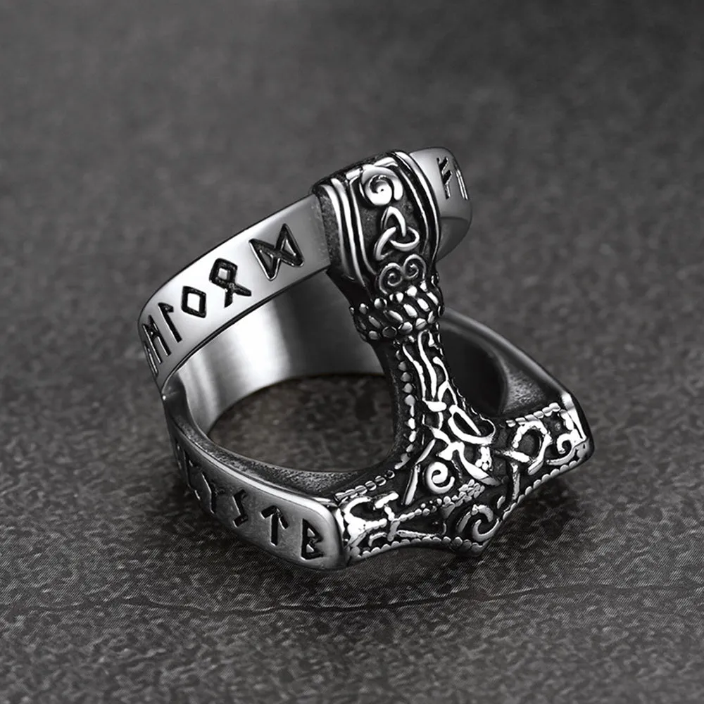 Viking Mjolnir Thor's Hammer Ring with Rune for Men