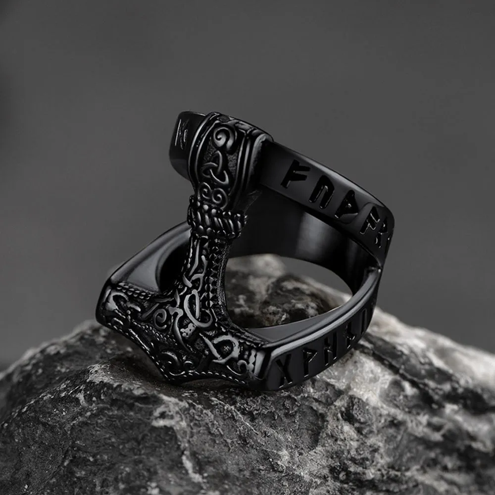 Viking Mjolnir Thor's Hammer Ring with Rune for Men