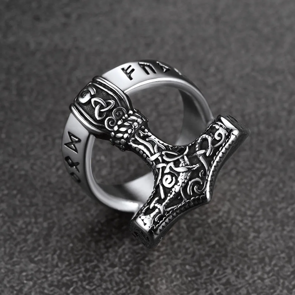 Viking Mjolnir Thor's Hammer Ring with Rune for Men